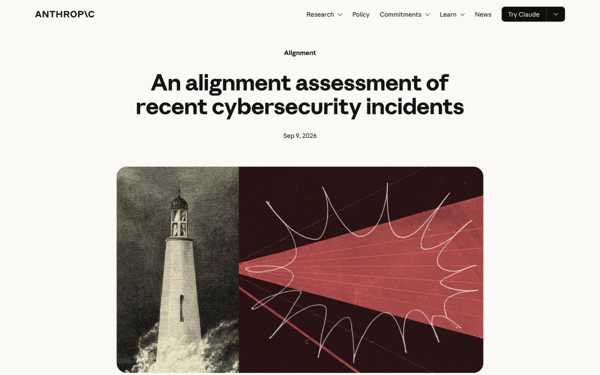 Anthropic research page titled An alignment assessment of recent cybersecurity incidents dated September 9 2026, with a lighthouse illustration beaming red light across a dark field