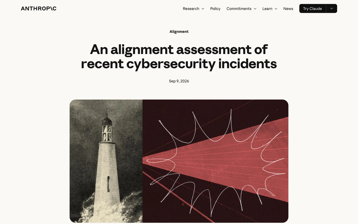 Anthropic research page titled An alignment assessment of recent cybersecurity incidents dated September 9 2026, with a lighthouse illustration beaming red light across a dark field