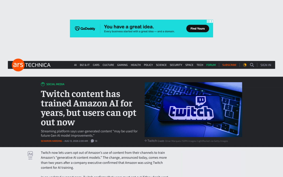 Ars Technica story by Scharon Harding headlined Twitch content has trained Amazon AI for years, but users can opt out now, with deck quoting future Gen AI model improvements