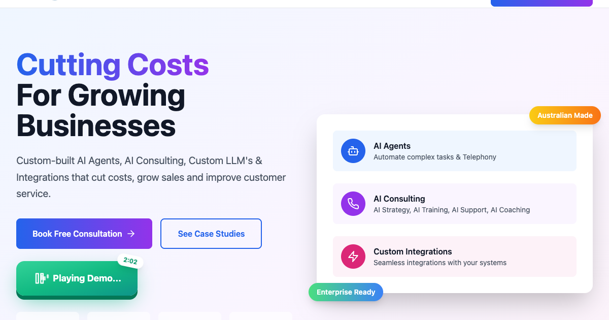 Yes AI homepage showing AI receptionist service for Australian businesses with 24/7 call handling