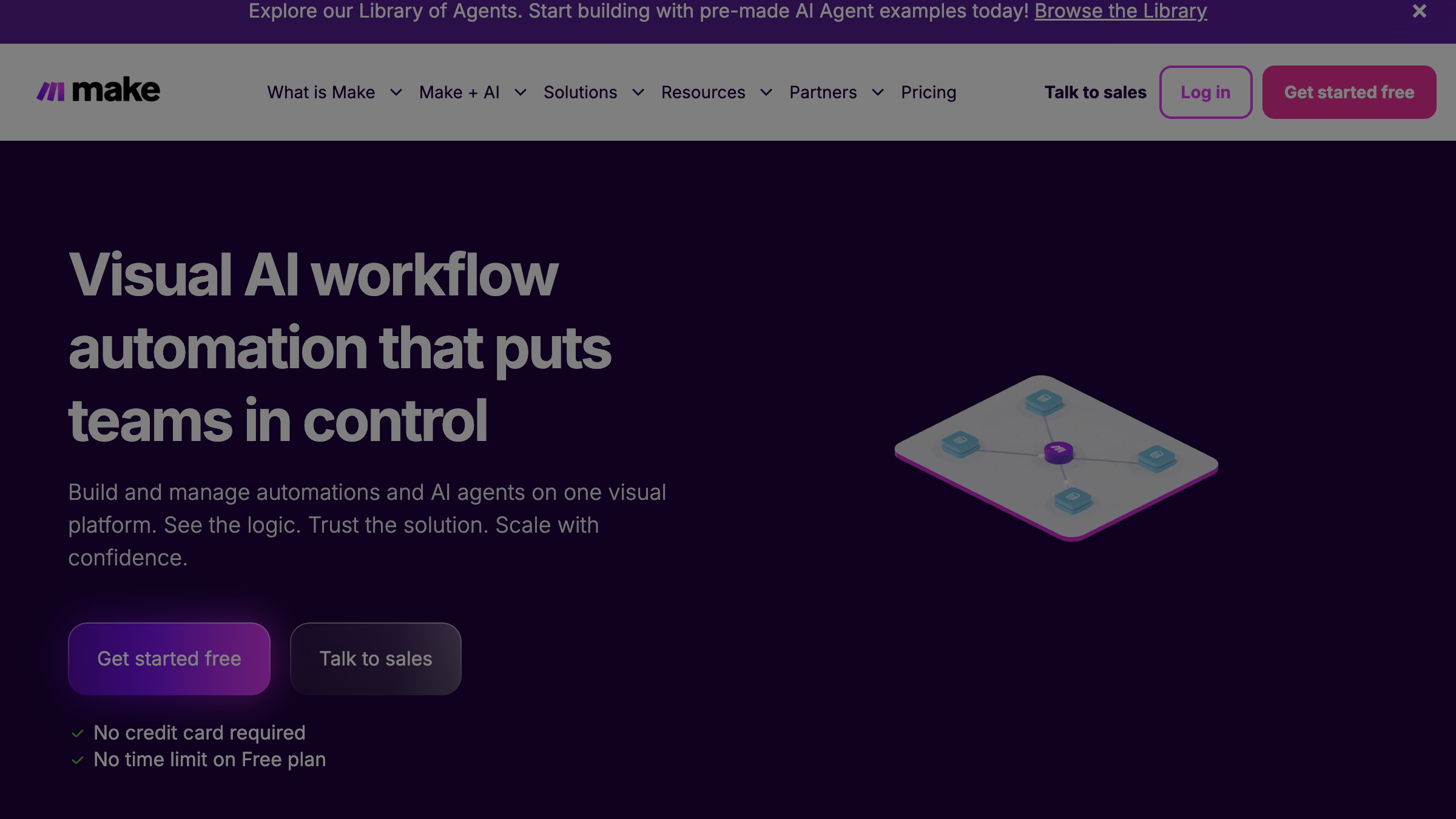 Make.com homepage showing the visual no-code workflow builder for small business automation in 2026