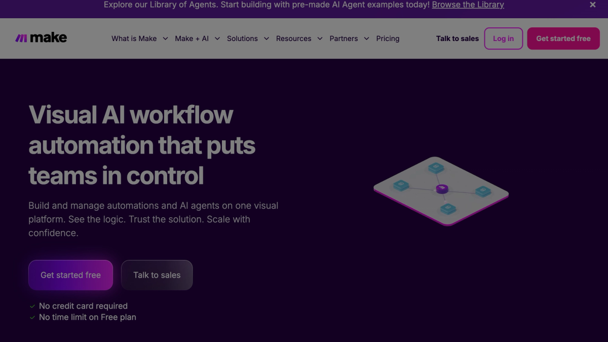 Make.com homepage showing the visual no-code workflow builder for small business automation in 2026