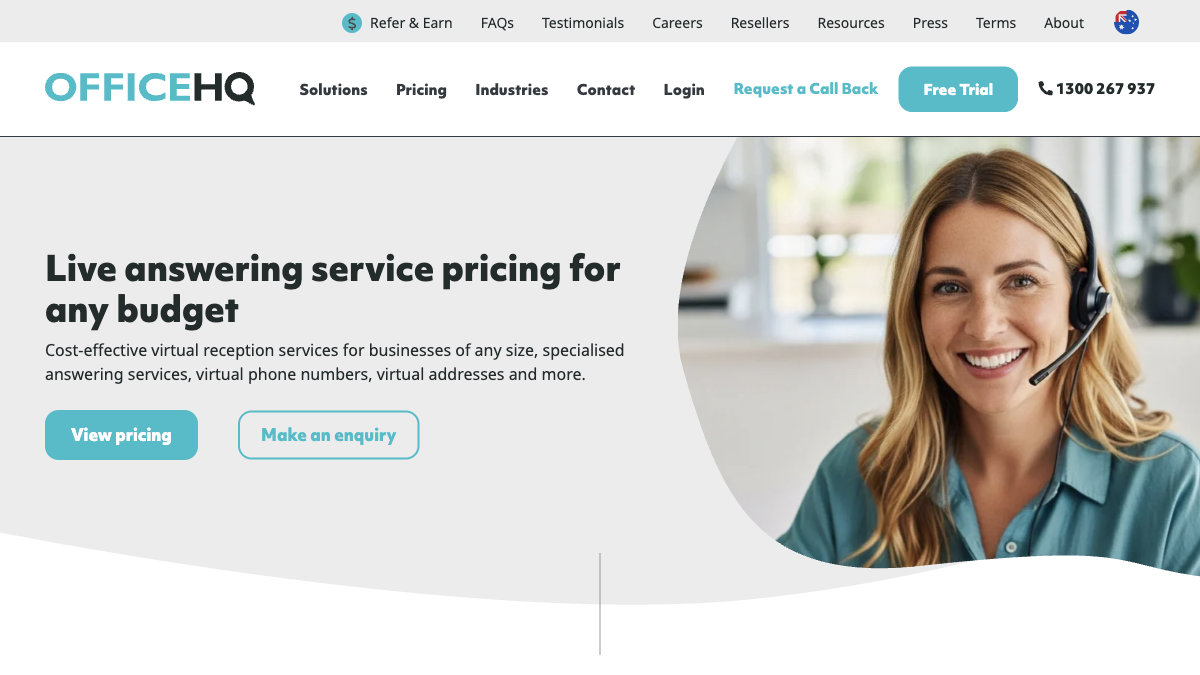 OfficeHQ Australia virtual receptionist pricing page showing live answering service plans