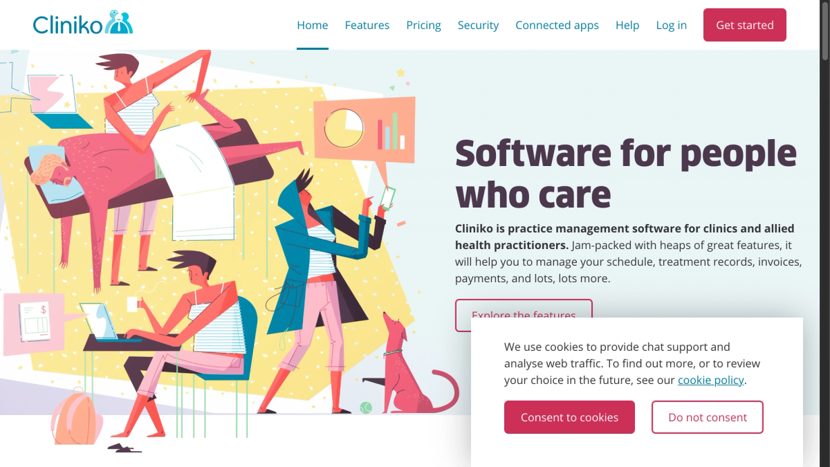 Cliniko homepage describing practice management software for clinics and allied health practitioners
