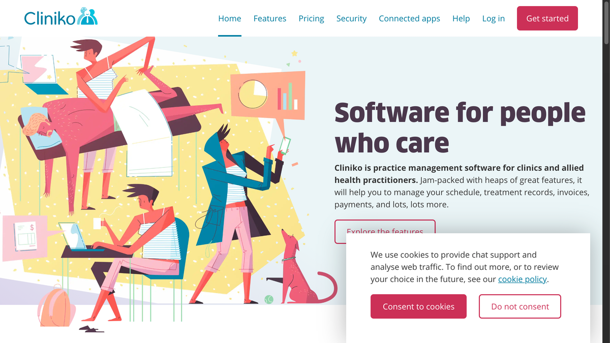 Cliniko homepage describing practice management software for clinics and allied health practitioners