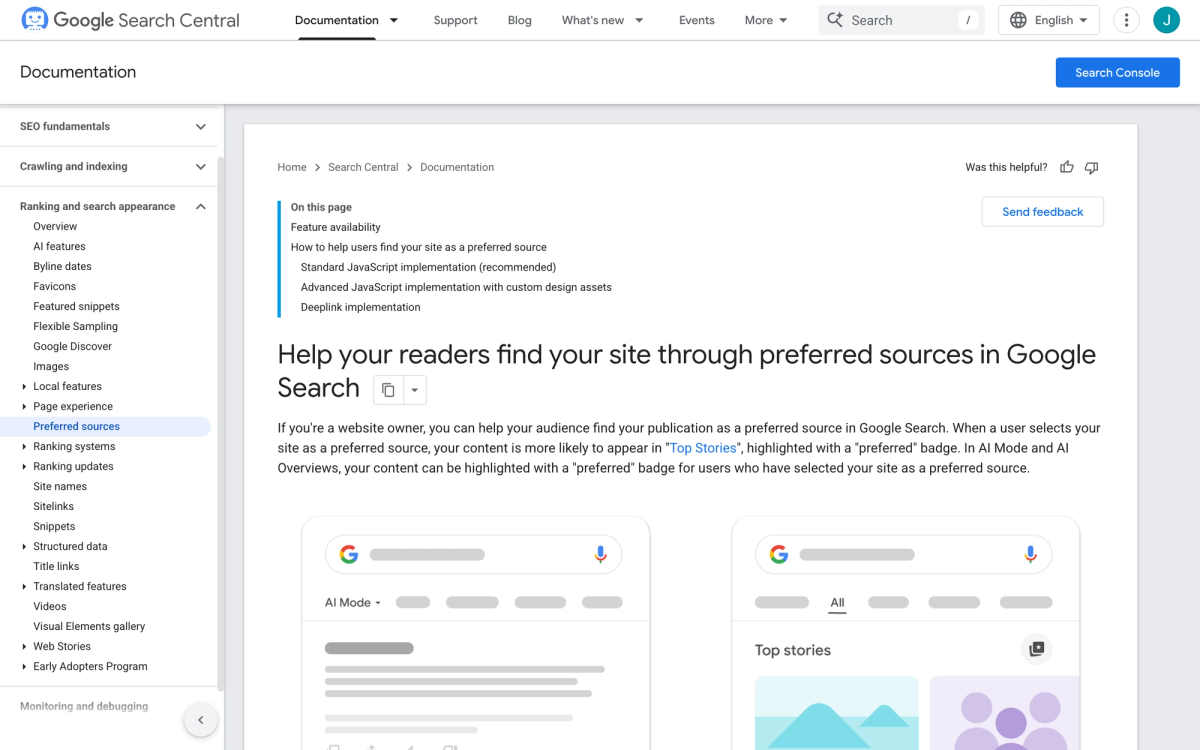 Google Search Central documentation page titled Help your readers find your site through preferred sources in Google Search, showing the three implementation options in the table of contents
