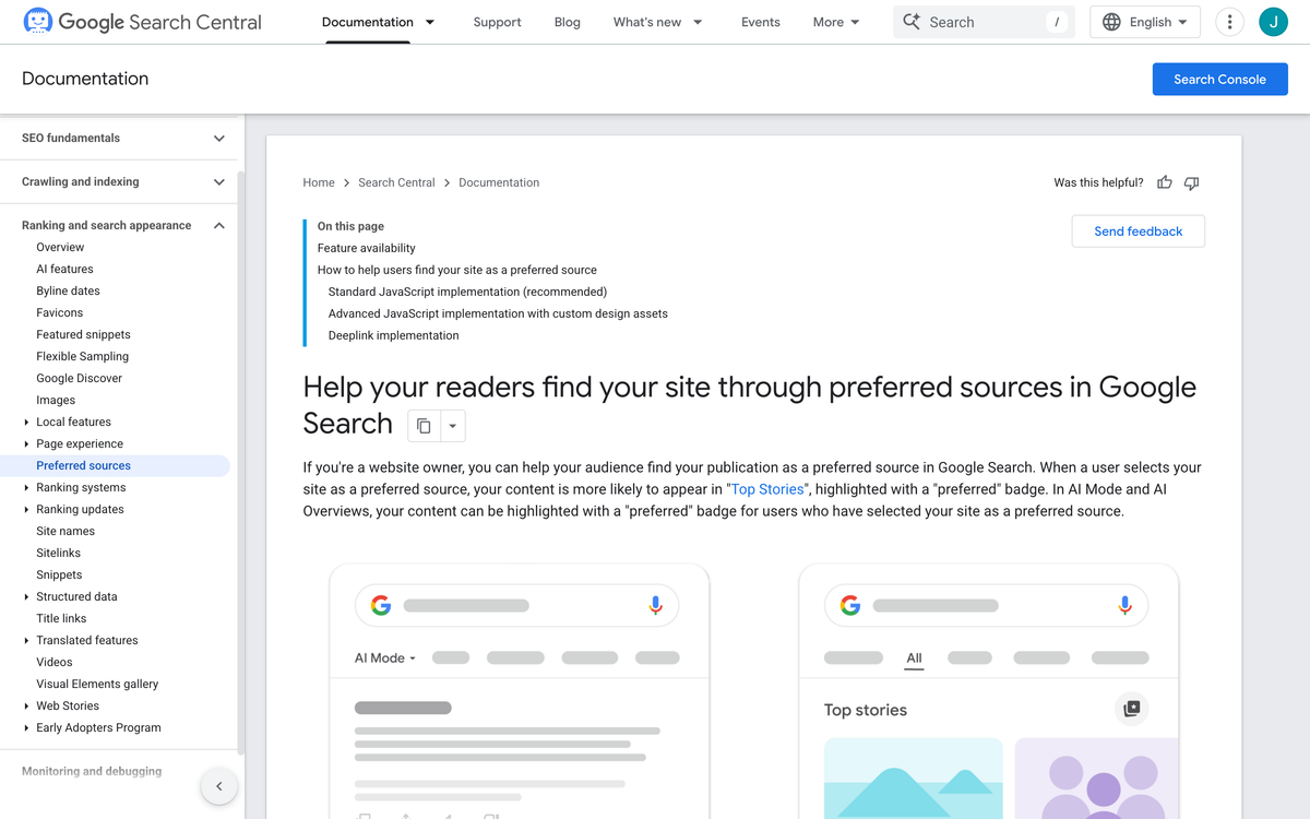 Google Search Central documentation page titled Help your readers find your site through preferred sources in Google Search, showing the three implementation options in the table of contents