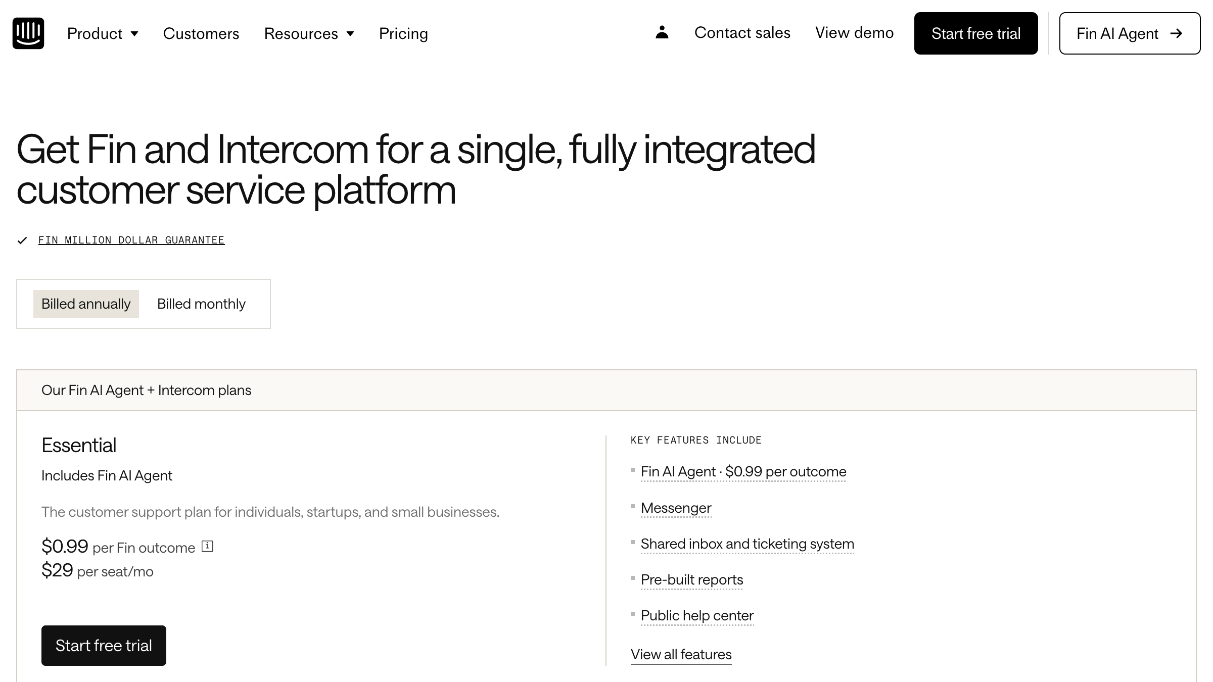 Intercom pricing page showing seat-based and per-resolution pricing for the Fin AI Agent in 2026