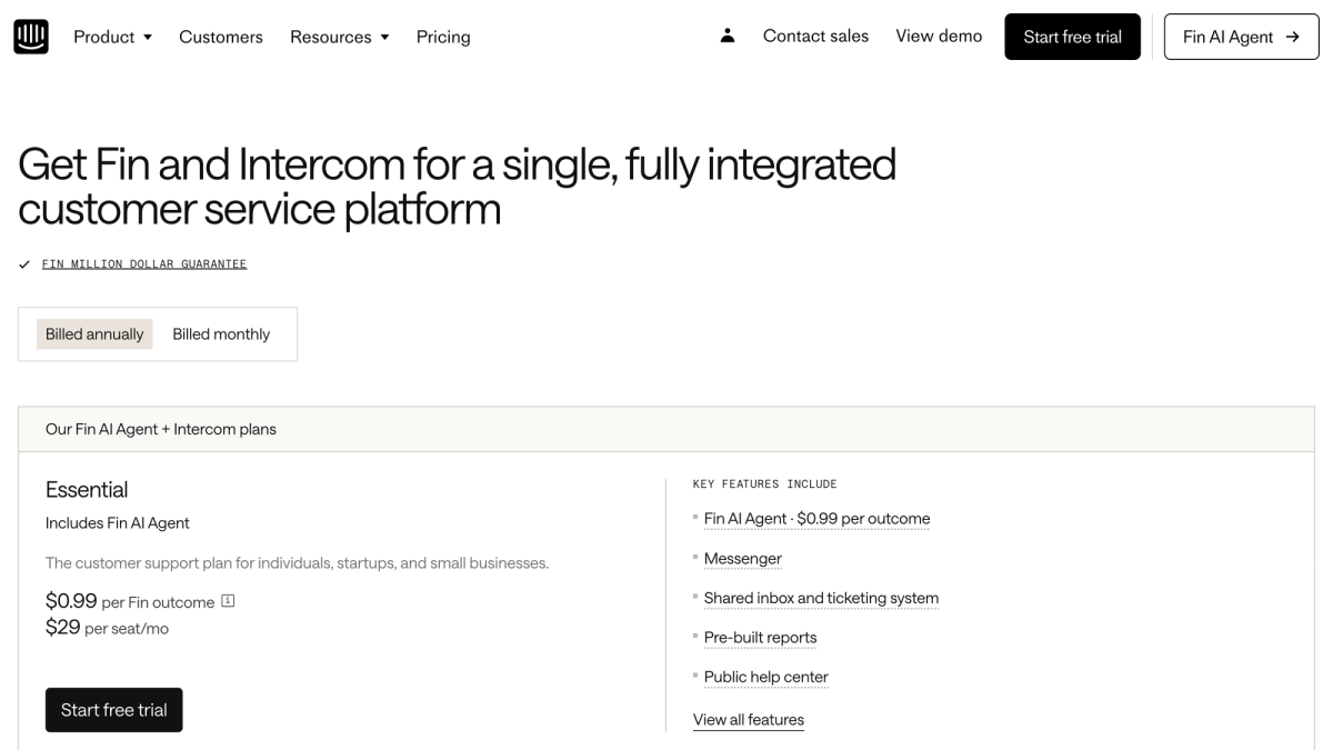 Intercom pricing page showing seat-based and per-resolution pricing for the Fin AI Agent in 2026