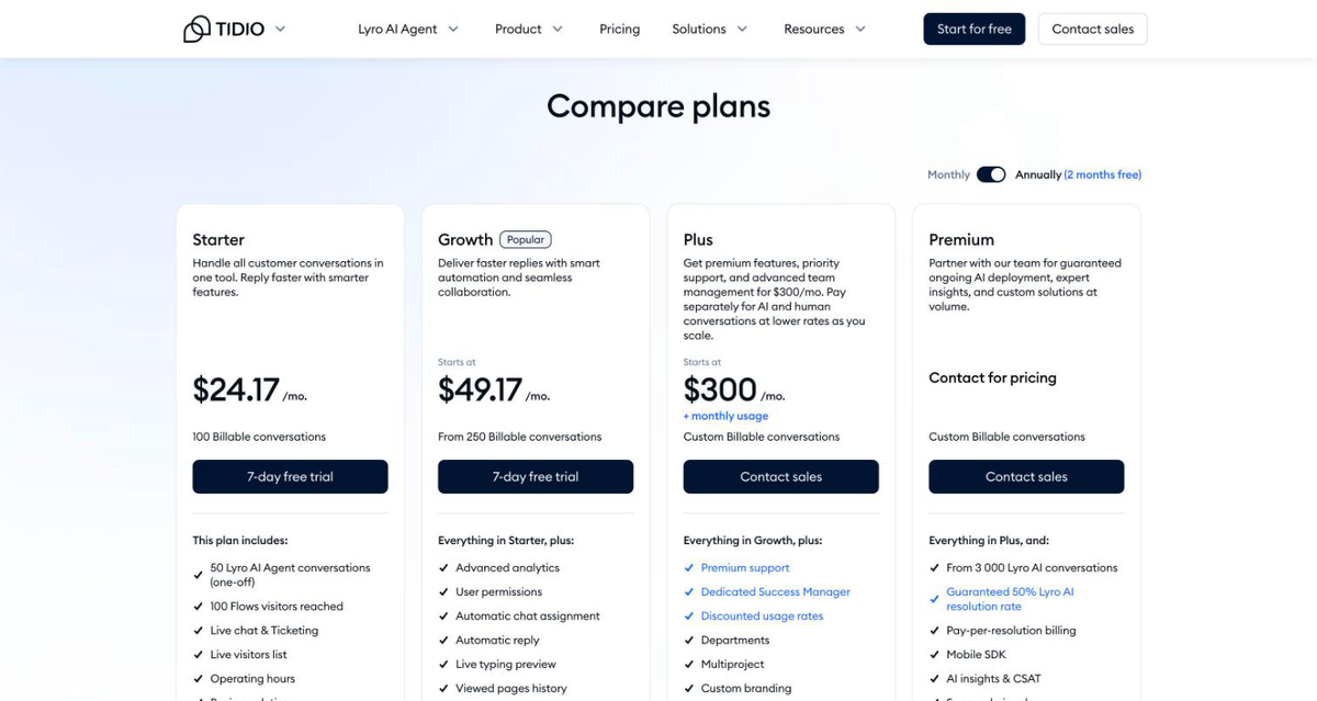 Tidio pricing page in October 2026: Starter at $24.17 a month, Growth from $49.17, Plus from $300 a month plus usage, and Premium on request, billed annually