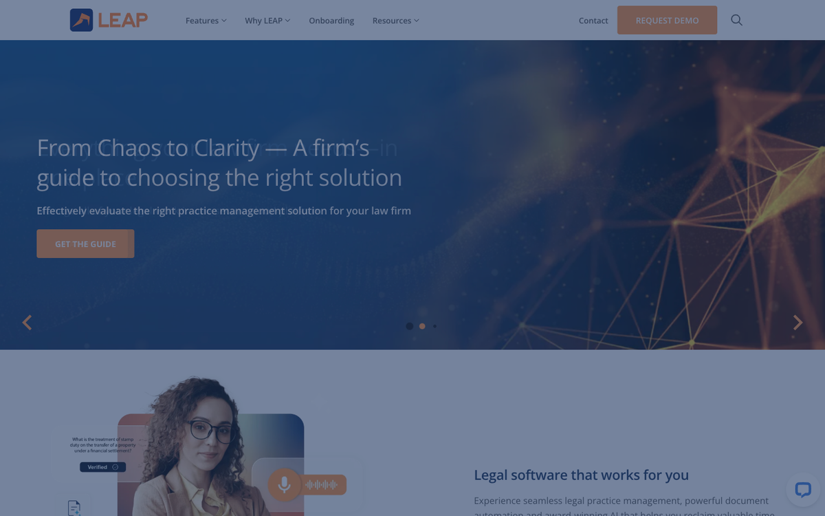 LEAP Legal Software Australia website showing the dominant Australian legal practice management platform that virtual receptionists need to integrate with