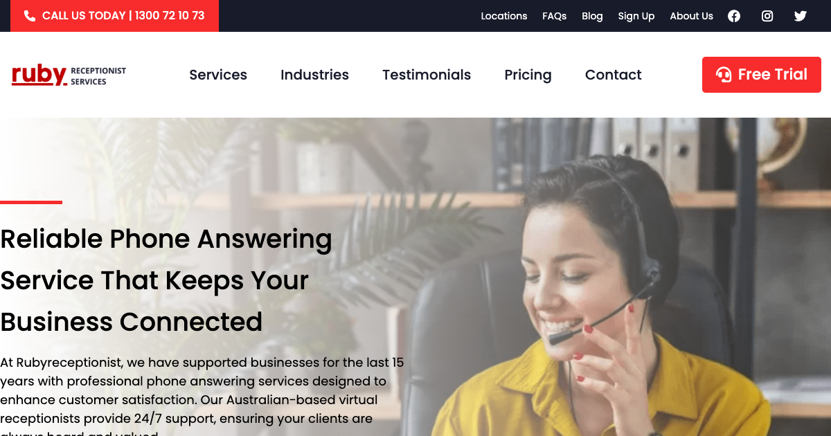 Ruby Receptionist Australia homepage showing virtual receptionist service for Australian small businesses