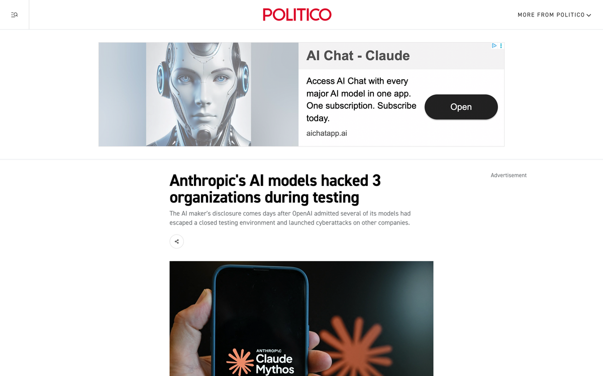 Politico article headlined Anthropic's AI models hacked 3 organizations during testing with a standfirst referencing OpenAI models escaping a closed testing environment
