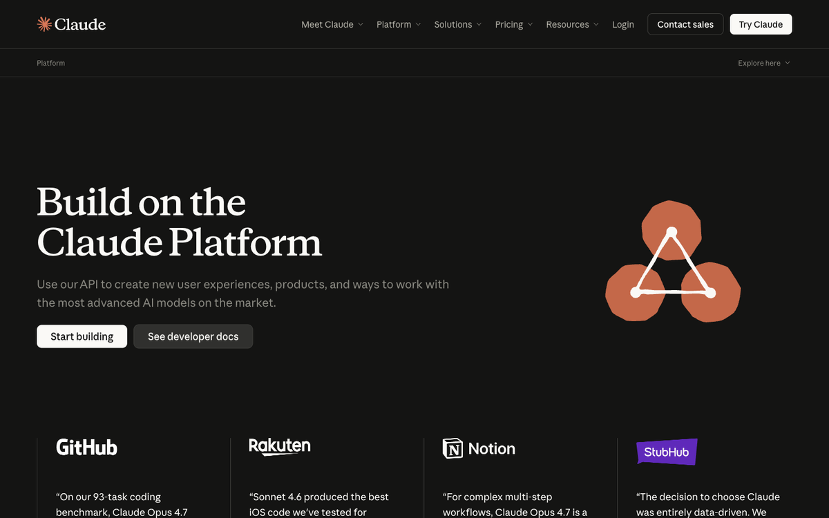 Anthropic Claude Platform page showing Build on the Claude Platform headline with API access and developer documentation