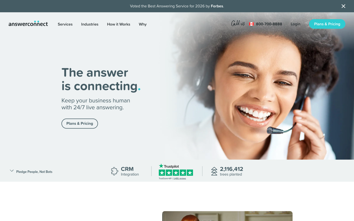 AnswerConnect Canada homepage showing 24/7 live human call answering service rated best of 2026 by Forbes