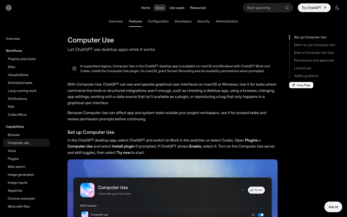 OpenAI Computer Use documentation page showing macOS Screen Recording and Accessibility permission requirements