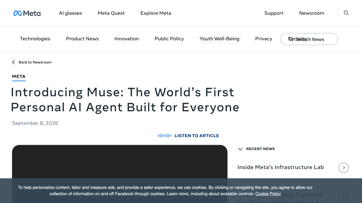 Meta newsroom page announcing Muse, its personal AI agent, dated September 8 2026