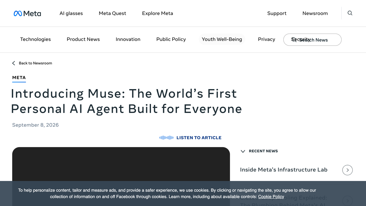 Meta newsroom page announcing Muse, its personal AI agent, dated September 8 2026