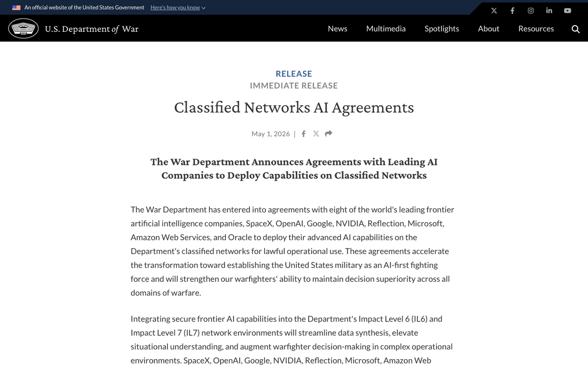 War.gov press release listing eight AI companies SpaceX OpenAI Google NVIDIA Reflection Microsoft Amazon Web Services and Oracle for classified networks AI agreements