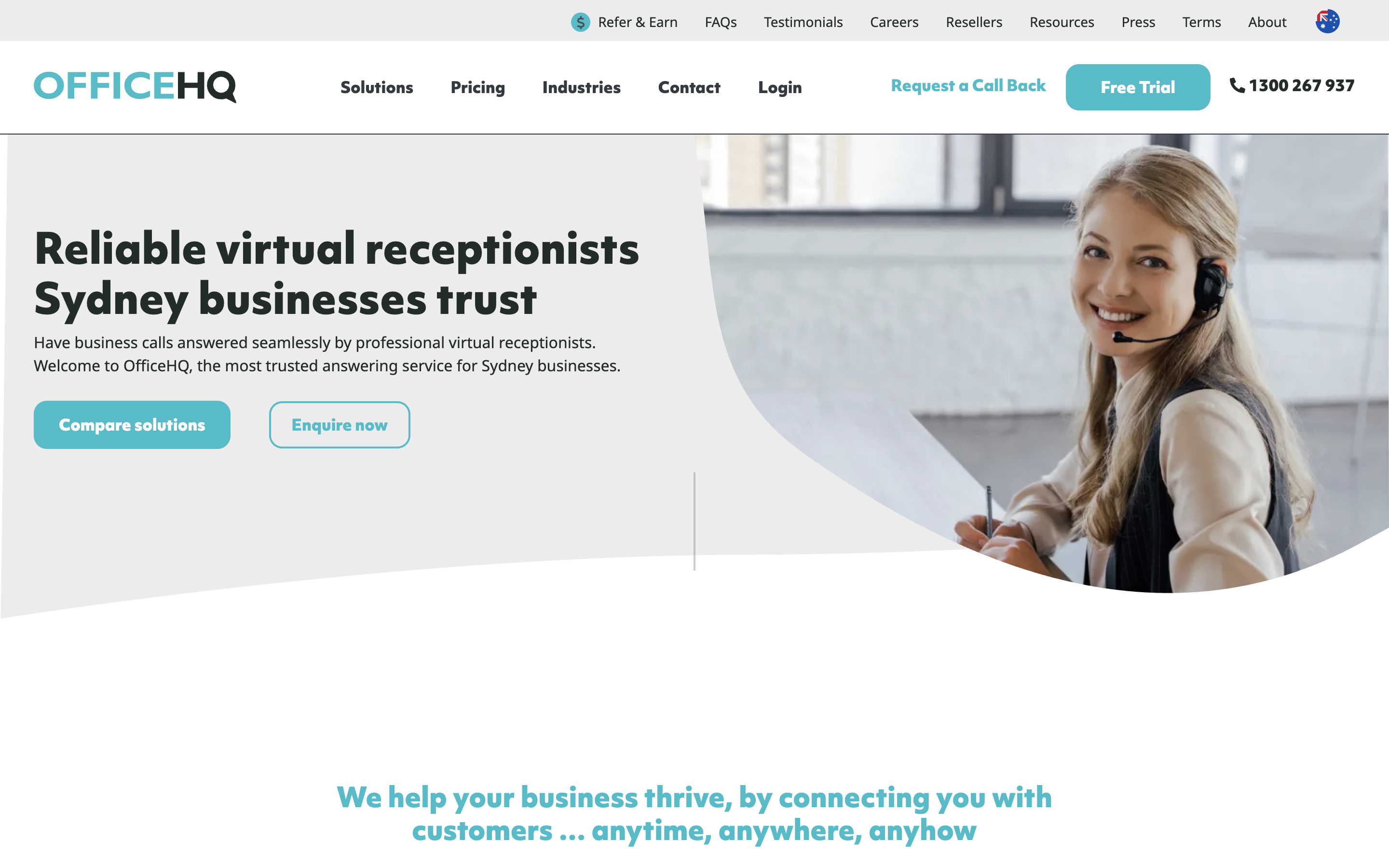 OfficeHQ answering service Sydney page showing call answering plans and pricing for Sydney businesses