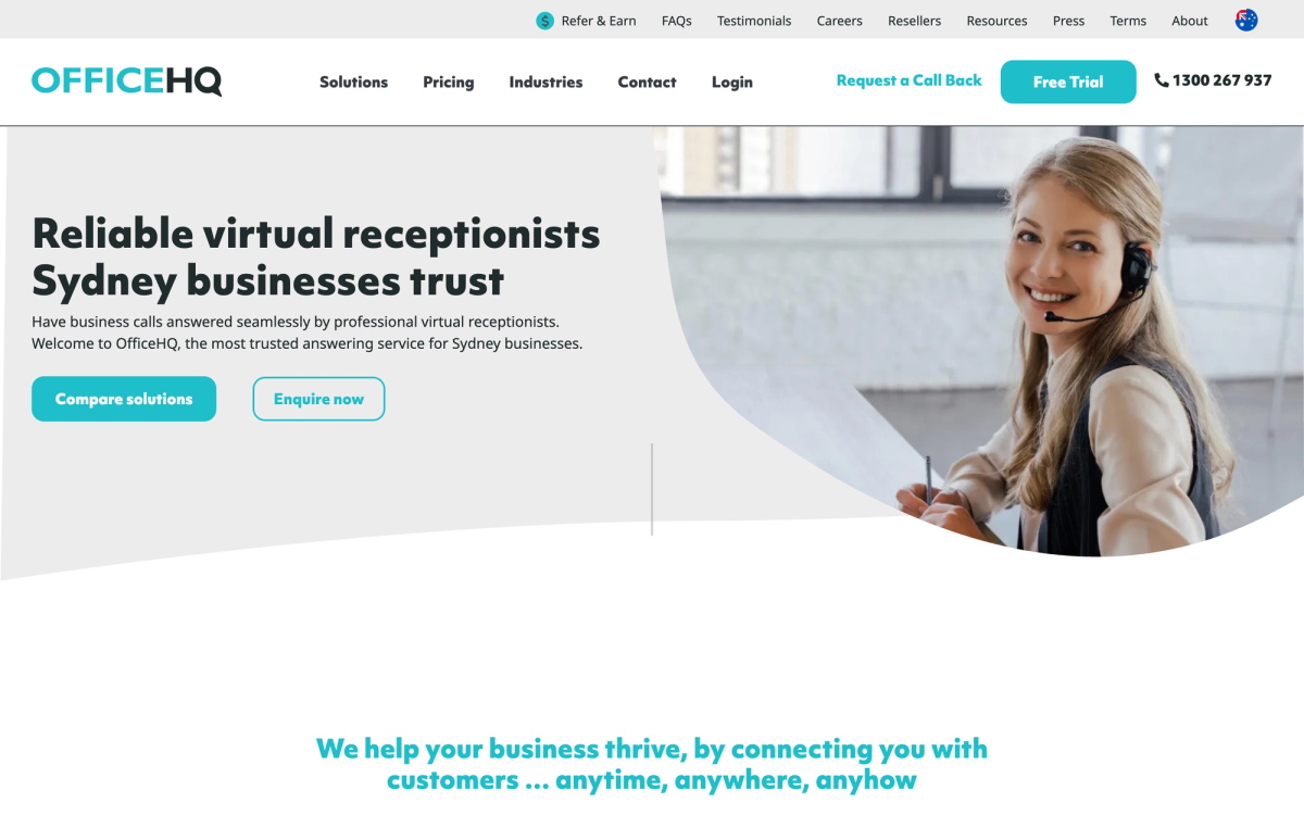OfficeHQ answering service Sydney page showing call answering plans and pricing for Sydney businesses