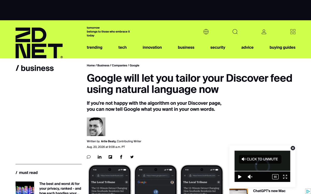 ZDNET article headline reading Google will let you tailor your Discover feed using natural language now, published August 20 2026
