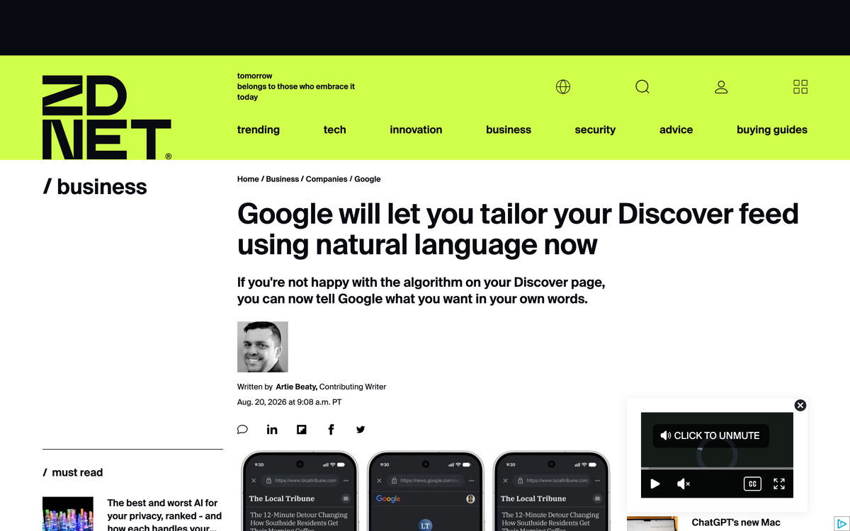 ZDNET article headline reading Google will let you tailor your Discover feed using natural language now, published August 20 2026