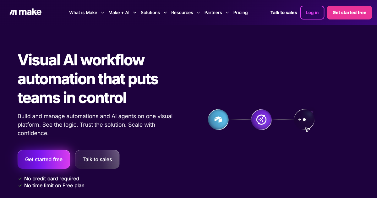 Make.com homepage showing the visual scenario builder with drag-and-drop workflow canvas for connecting apps and automating processes