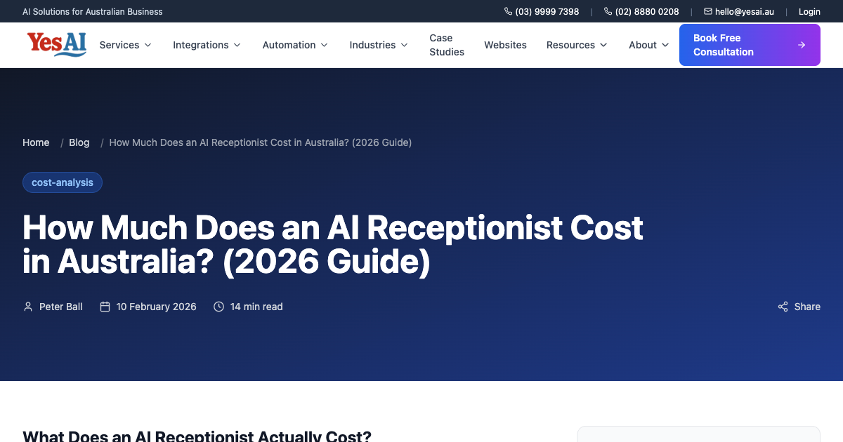 YesAI AI receptionist Australia 2026 pricing page showing monthly costs and ROI data for small businesses
