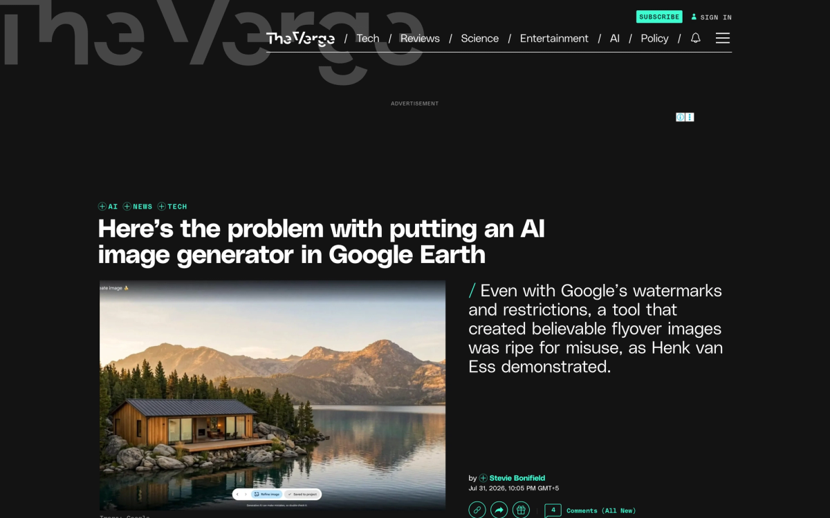 The Verge article about the Google Earth AI image generator showing a photorealistic generated lakeside cabin with Refine image and Saved to project controls