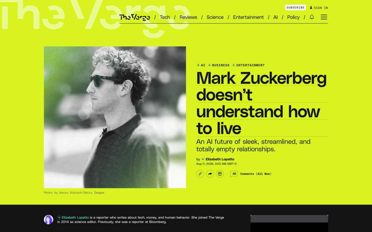 The Verge article by Elizabeth Lopatto headlined Mark Zuckerberg doesn't understand how to live