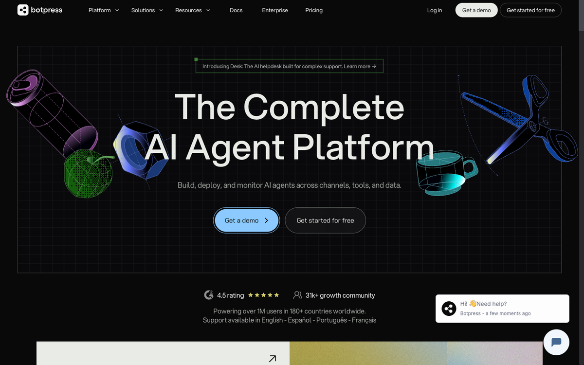 Botpress homepage showing the visual flow builder and pay-as-you-go AI Spend pricing