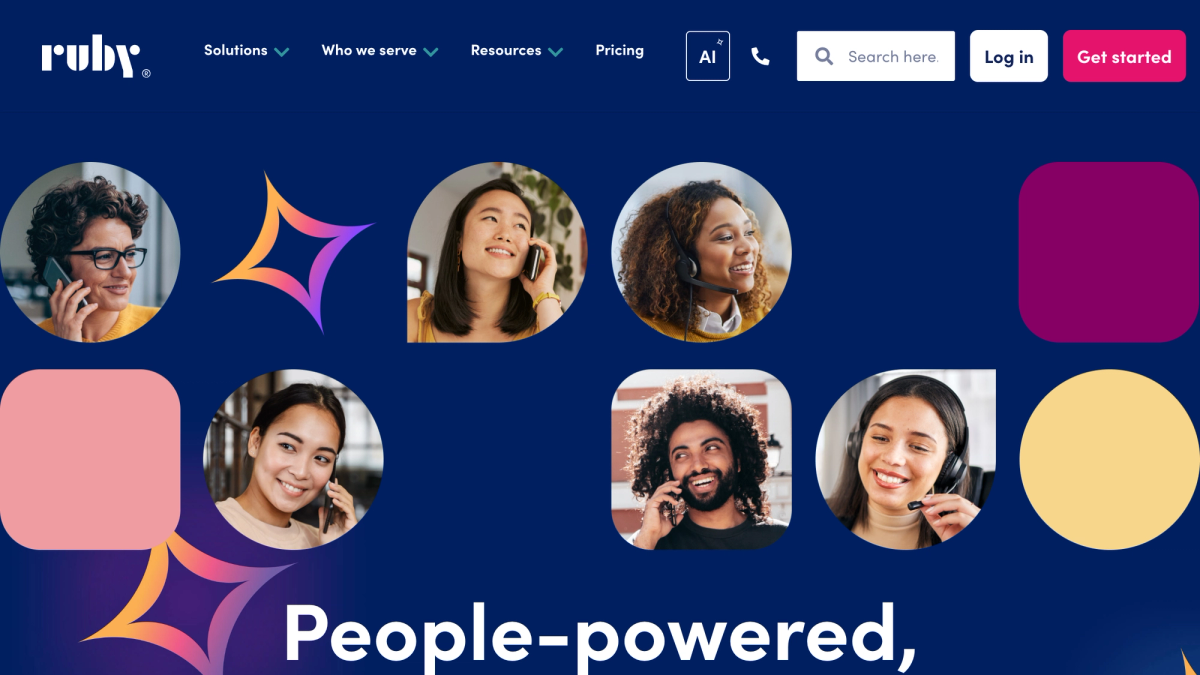 Ruby virtual receptionist company homepage showing people-powered live answering with diverse receptionists on phones