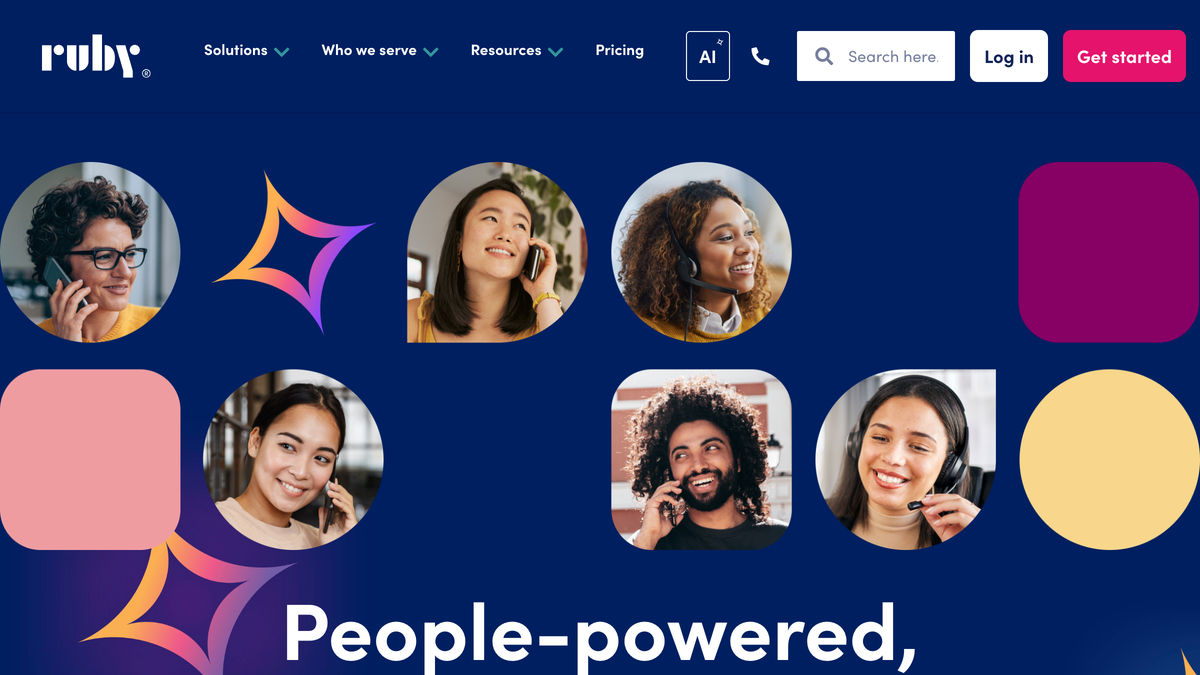 Ruby virtual receptionist company homepage showing people-powered live answering with diverse receptionists on phones