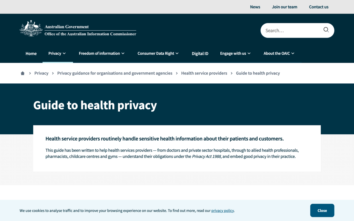 OAIC Guide to health privacy page stating that health service providers routinely handle sensitive health information under the Privacy Act 1988