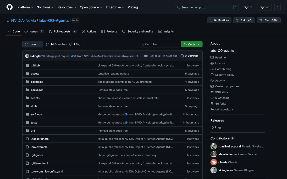 GitHub repository page for NVIDIA-NeMo labs-OO-Agents showing 390 stars, 46 forks, 81 commits and a src/nooa source directory
