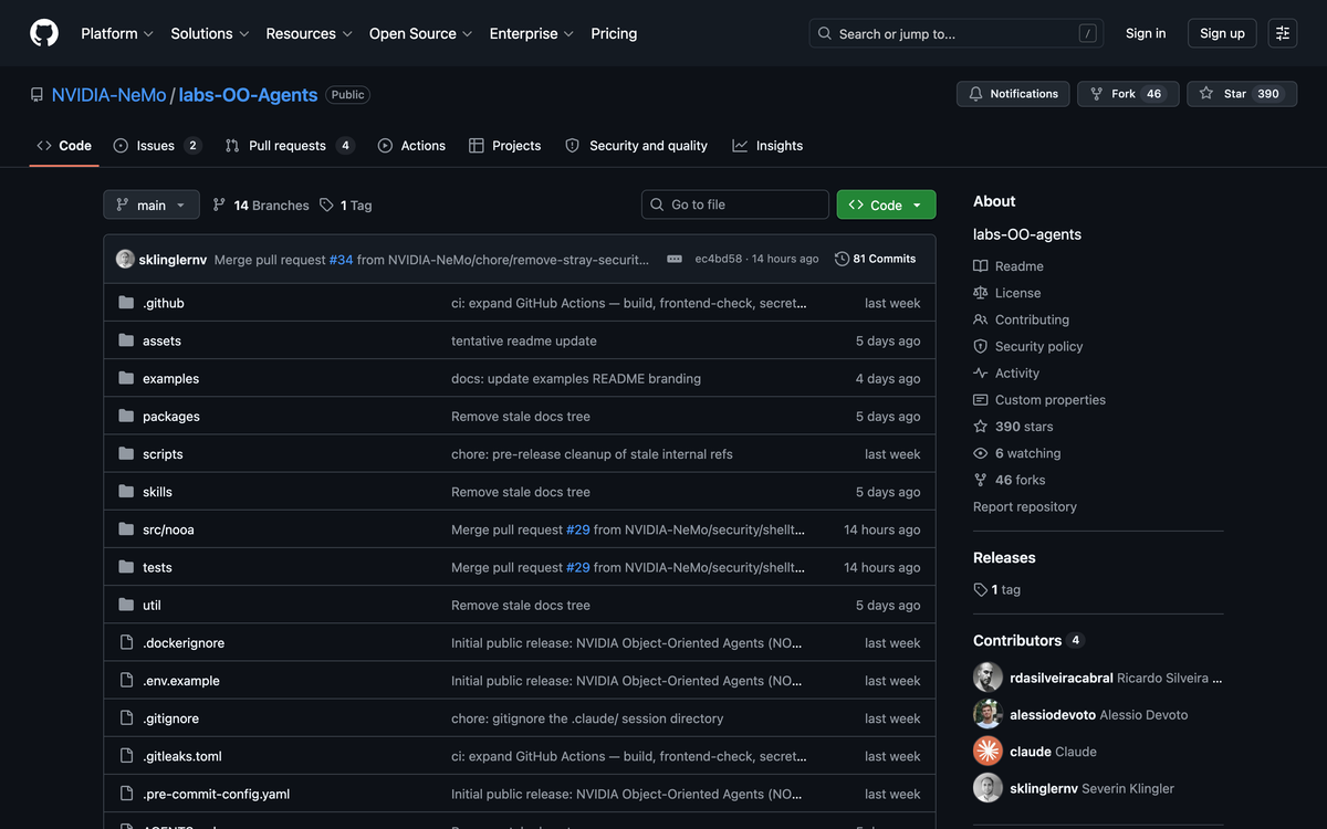 GitHub repository page for NVIDIA-NeMo labs-OO-Agents showing 390 stars, 46 forks, 81 commits and a src/nooa source directory