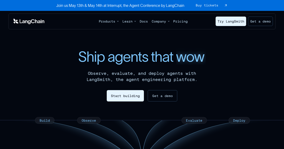 LangChain platform homepage showing the ecosystem for building and deploying AI agents in production