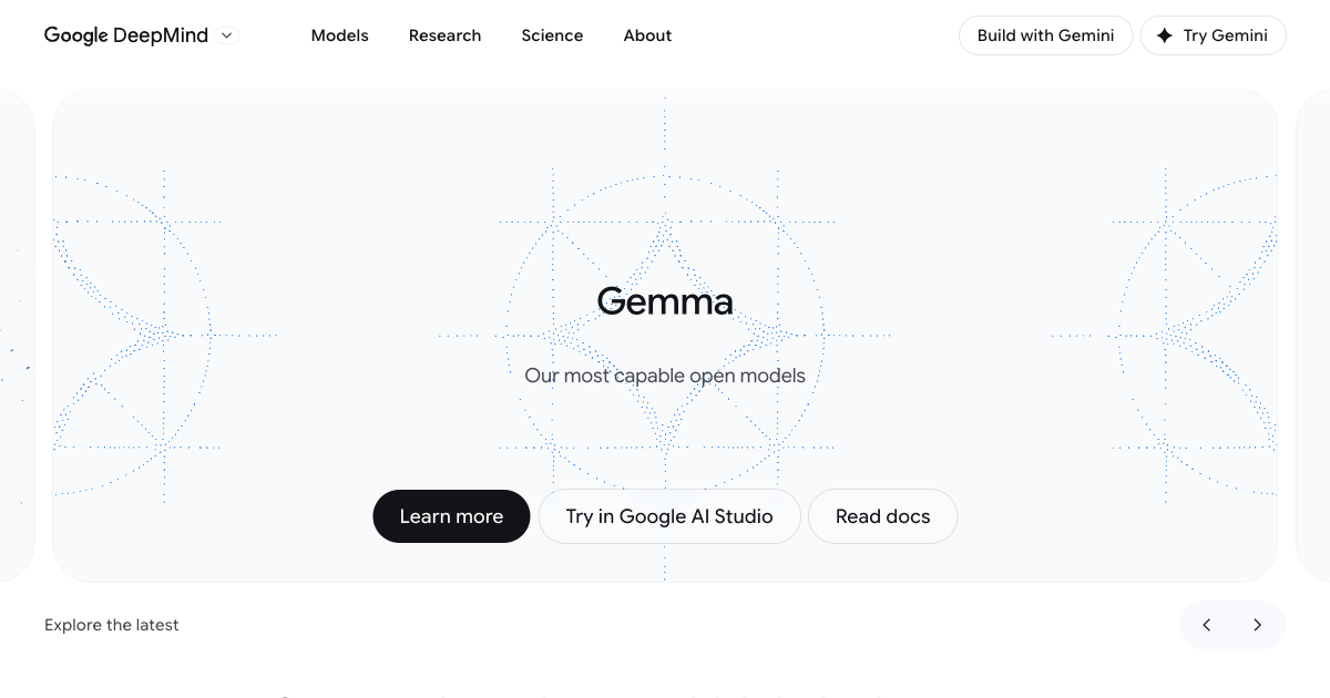 Google Gemma developer page showing the open source AI model family and documentation