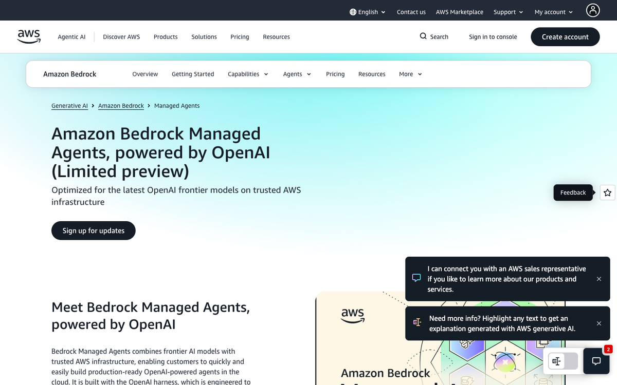 Amazon Bedrock Managed Agents powered by OpenAI product page showing limited preview status and feature list
