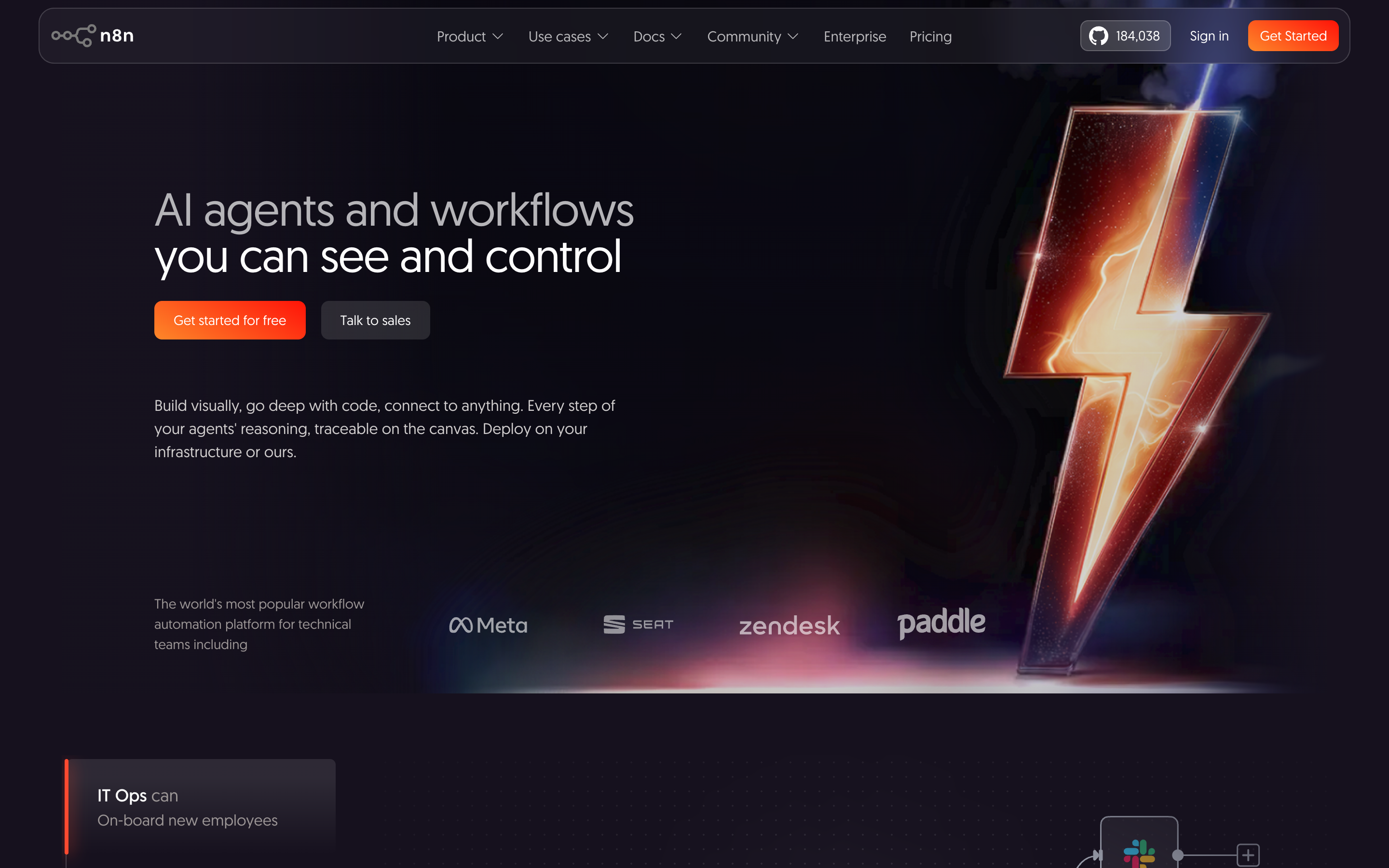 n8n workflow automation platform homepage showing the AI-native workflow builder used by AI agencies to connect business systems