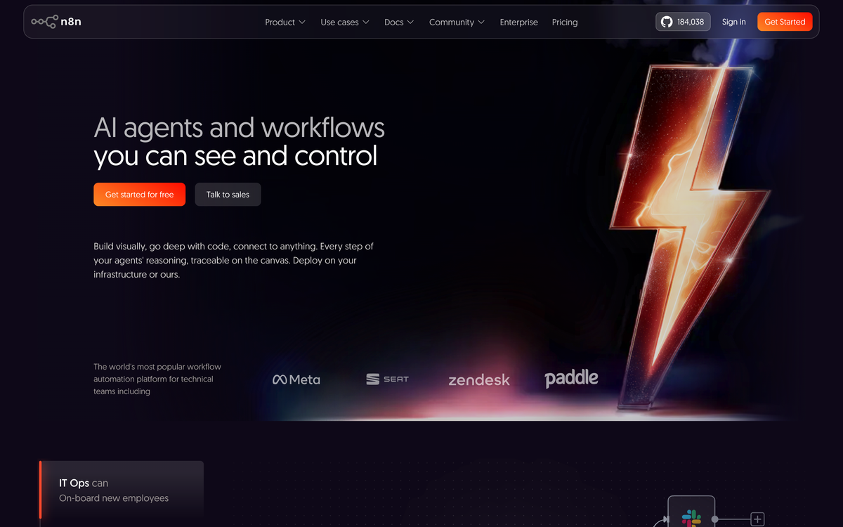 n8n workflow automation platform homepage showing the AI-native workflow builder used by AI agencies to connect business systems