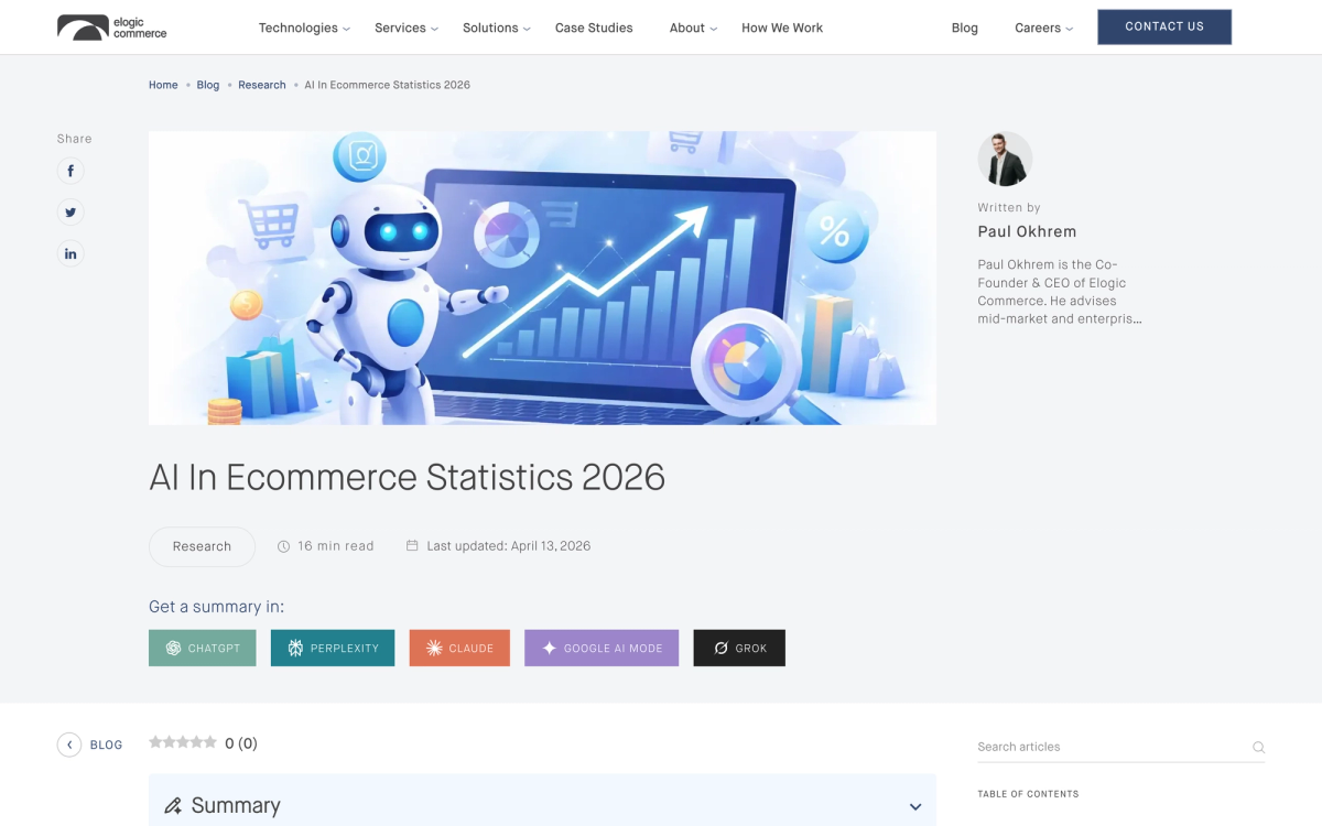 Elogic Commerce 2026 AI in ecommerce statistics including implementation cost benchmarks
