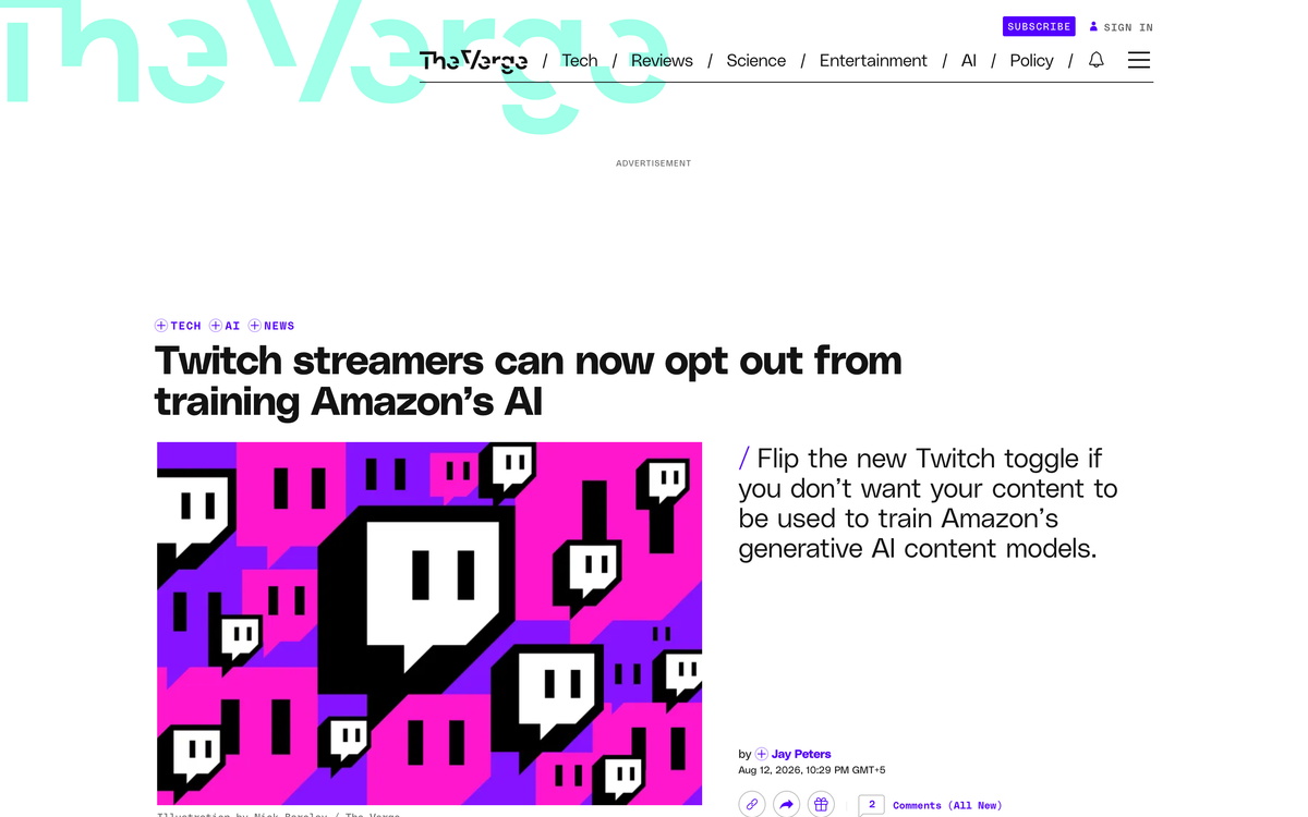 The Verge headline reading Twitch streamers can now opt out from training Amazon's AI, with a deck telling readers to flip the new toggle
