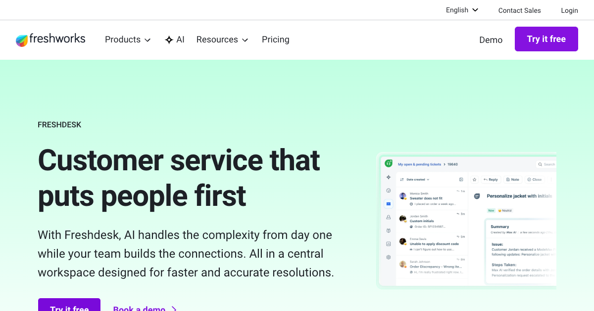 Freshdesk homepage showing free help desk platform with email automation and ticket routing for small teams