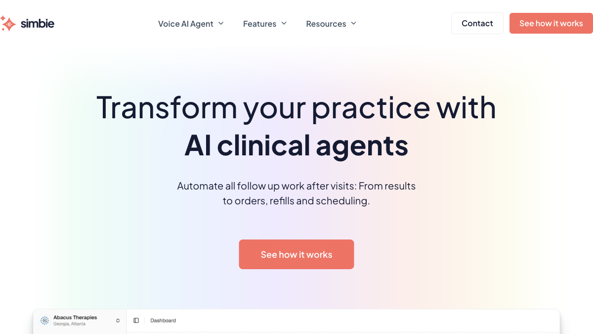Simbie AI homepage showing AI medical staff for 24/7 patient support, an example of a modern medical virtual receptionist platform