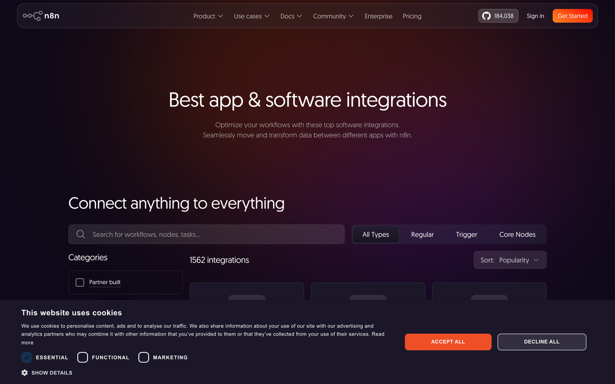n8n integrations page showing 400 plus app connections available for workflow automation