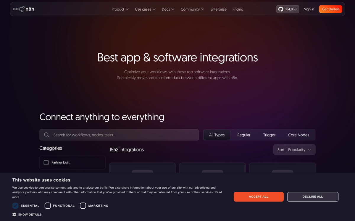 n8n integrations page showing 400 plus app connections available for workflow automation