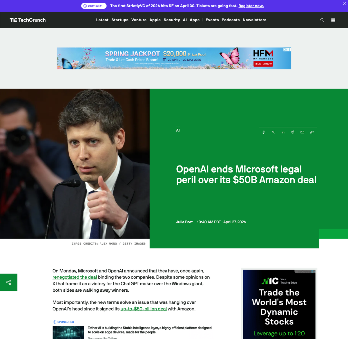TechCrunch article headline 'OpenAI ends Microsoft legal peril over its $50B Amazon deal' by Julie Bort, dated April 27, 2026, with photo of Sam Altman