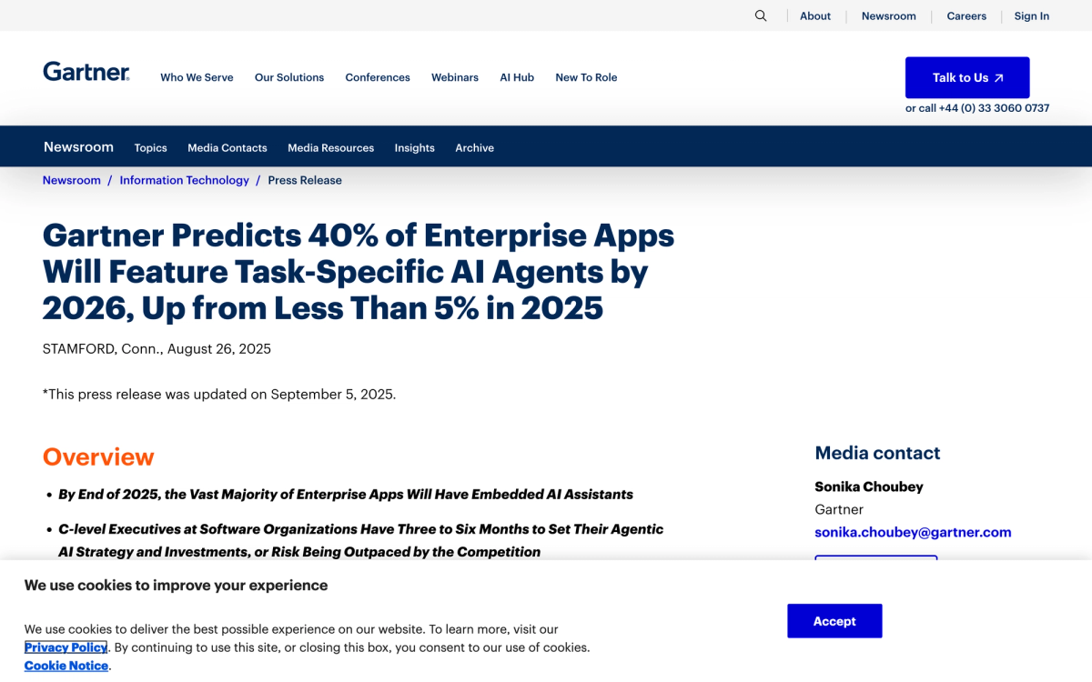Gartner press release predicting 40% of enterprise apps will feature task-specific AI agents by end of 2026